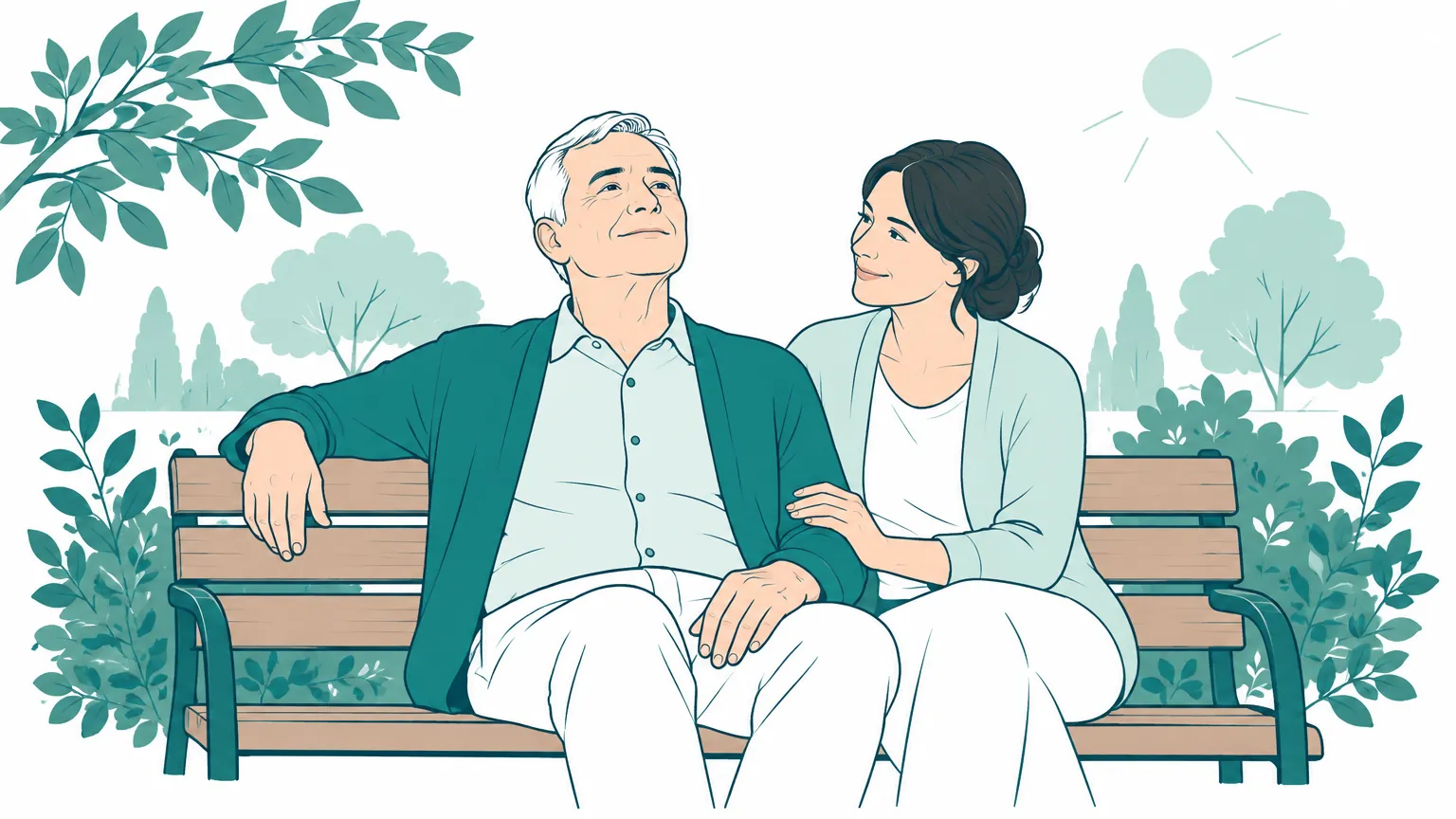 Ilustrație caldă cu un bărbat matur care se odihnește liniștit pe o bancă în parc, respirând aer curat alături de fiica sa.