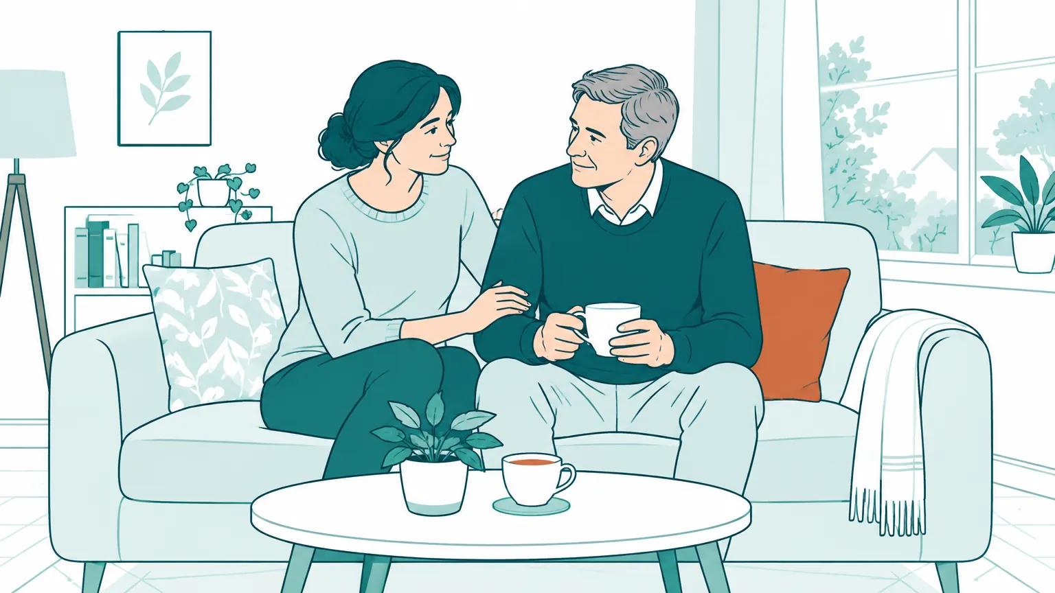 Ilustrație în tonuri calde ce înfățișează o femeie și tatăl ei stând de vorbă pe o canapea într-un living luminos.