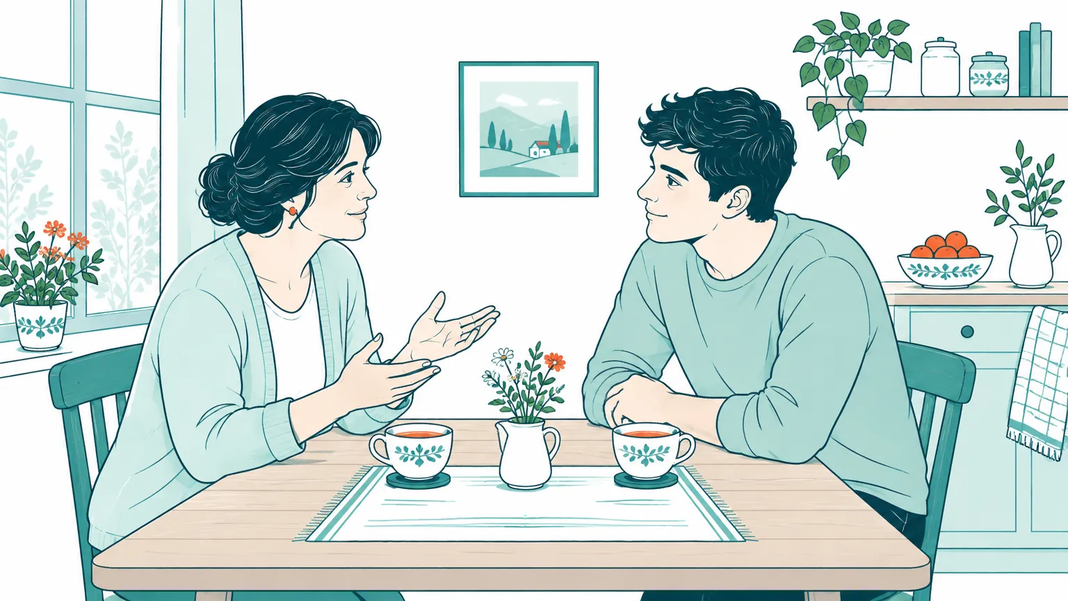 Ilustrație caldă cu două persoane așezate la o masă de ceai, într-o conversație deschisă și plină de empatie.