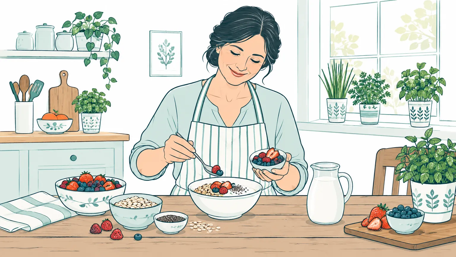 Ilustrație în culori calde cu o femeie care pregătește un mic dejun sănătos cu fructe proaspete și cereale într-o bucătărie primitoare.