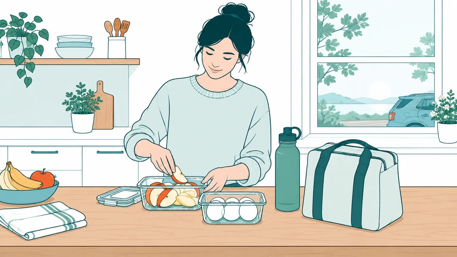 Ilustrație cu o persoană care pregătește într-o bucătărie luminoasă pachete cu gustări sănătoase și o sticlă cu apă pentru călătorie.