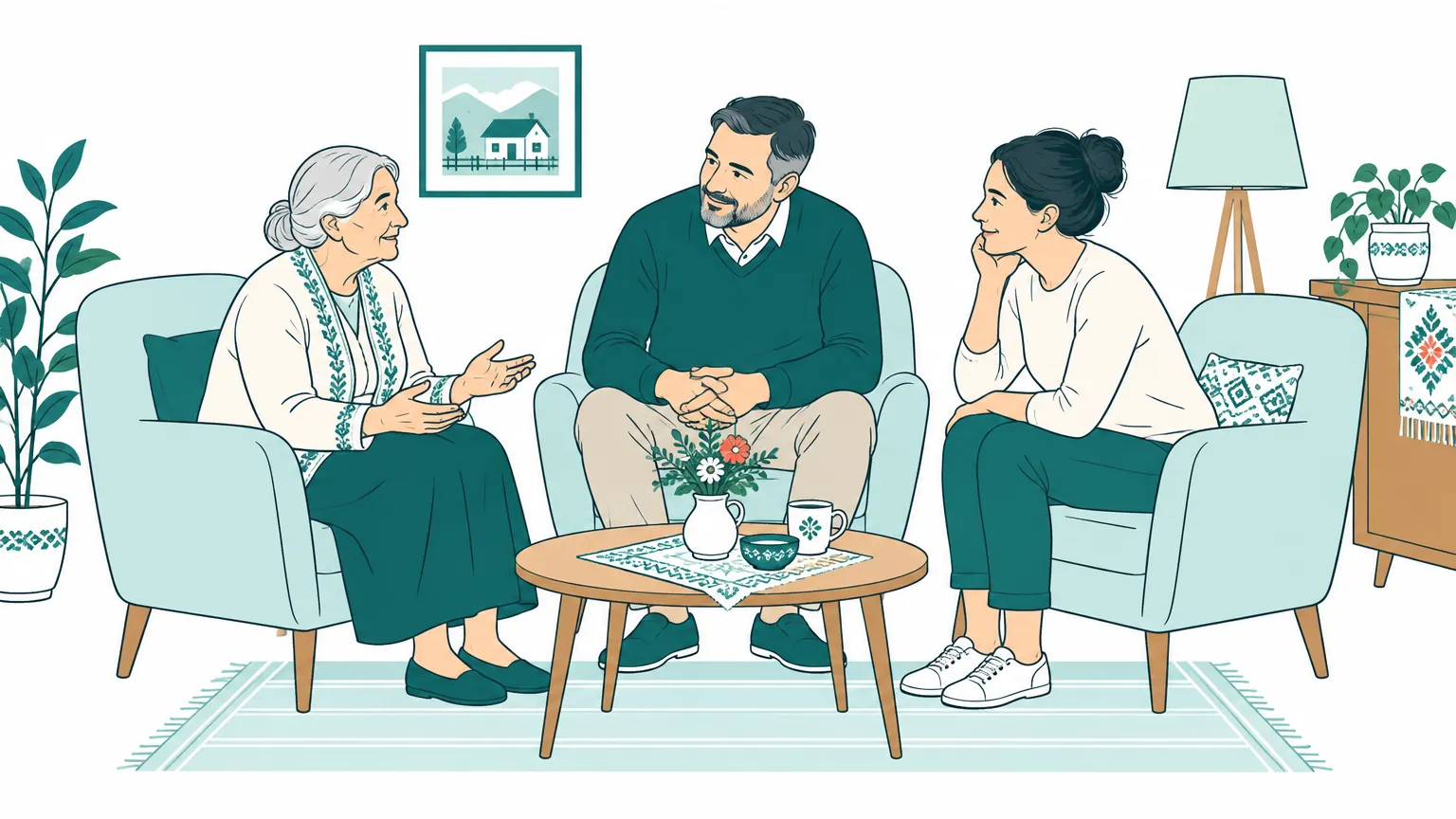 Ilustrație reprezentând o familie de diferite vârste așezată într-o cameră primitoare, purtând o discuție calmă și plină de sprijin.