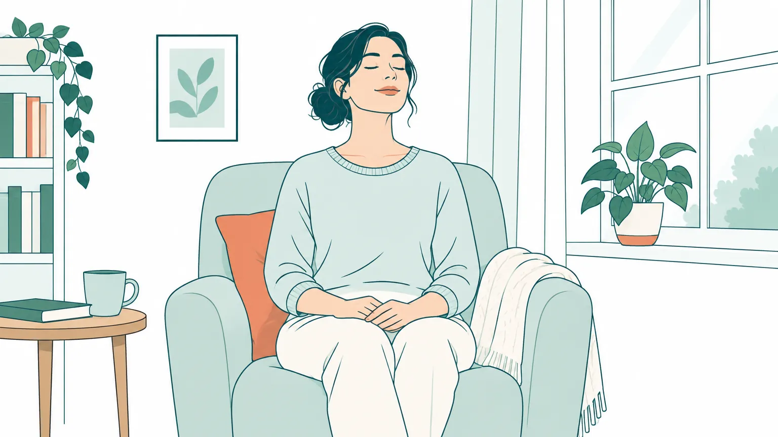 Ilustrație cu o femeie care stă relaxată într-un fotoliu luminos, respirând profund pentru a elibera tensiunea.