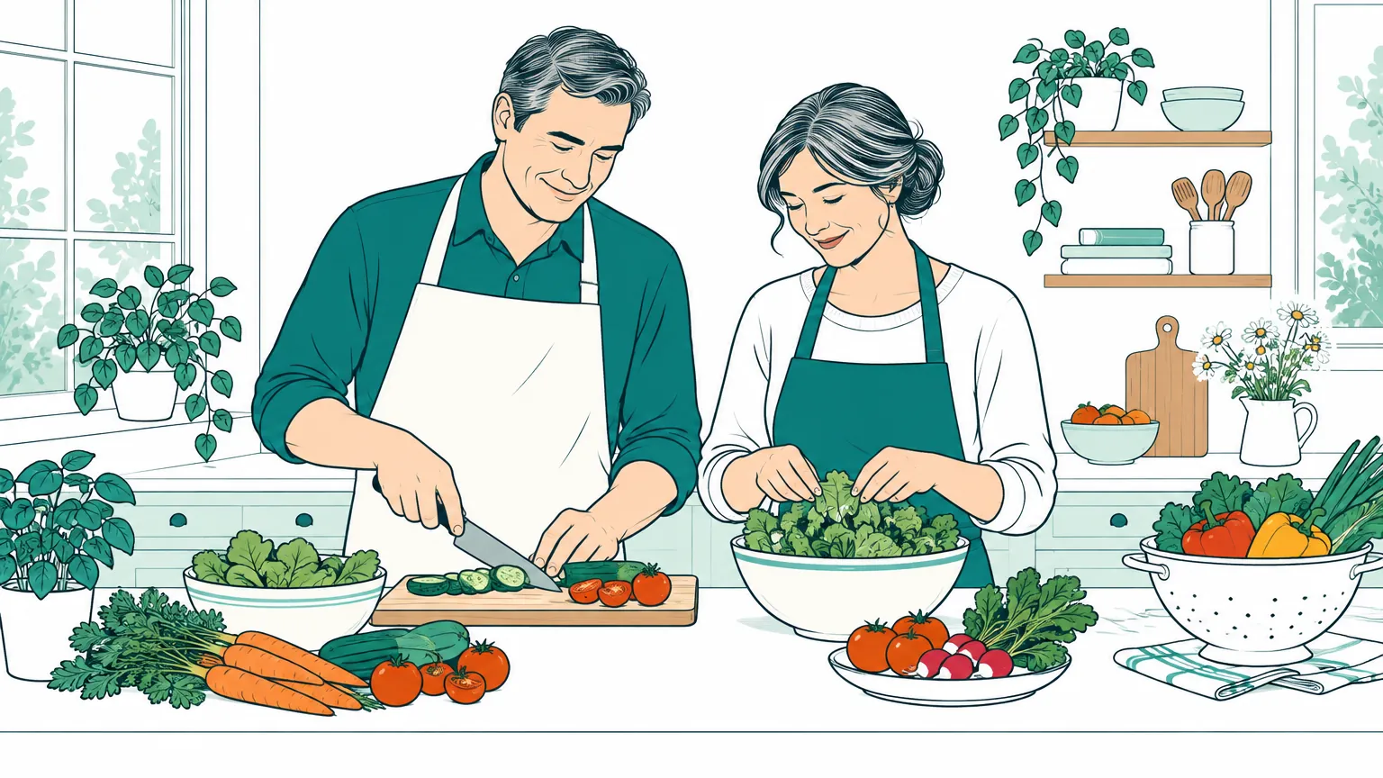 Ilustrație în tonuri calde reprezentând un cuplu matur care pregătește legume proaspete într-o bucătărie luminoasă.