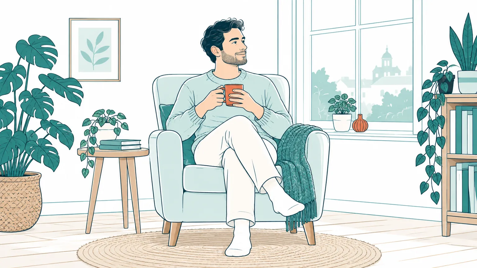 Ilustrație în culori calde cu o persoană adultă relaxându-se liniștită într-un fotoliu lângă o fereastră luminoasă.