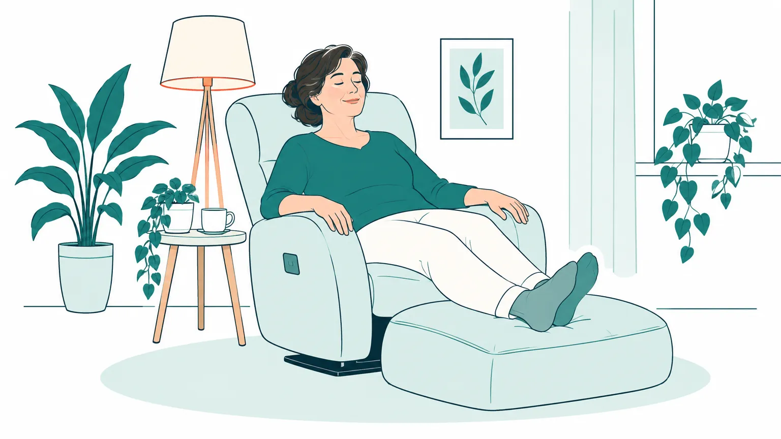 Ilustrație reprezentând o femeie care se odihnește relaxată într-un fotoliu confortabil, bucurându-se de alinare și liniște la nivelul picioarelor.