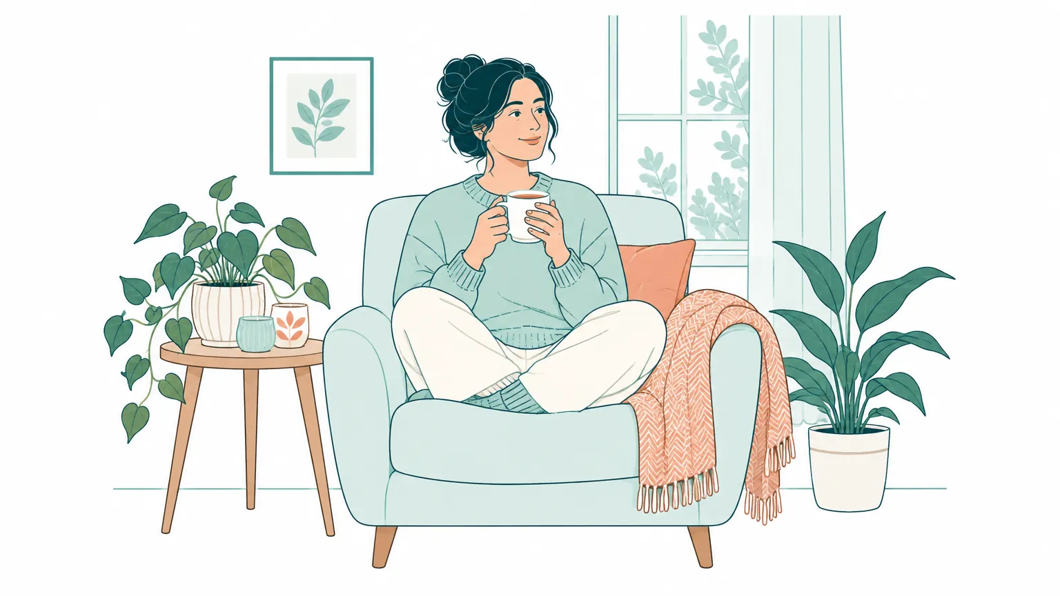 Ilustrație caldă cu o femeie așezată confortabil într-un fotoliu, ținând o cană cu ceai cald într-o cameră luminoasă cu plante.