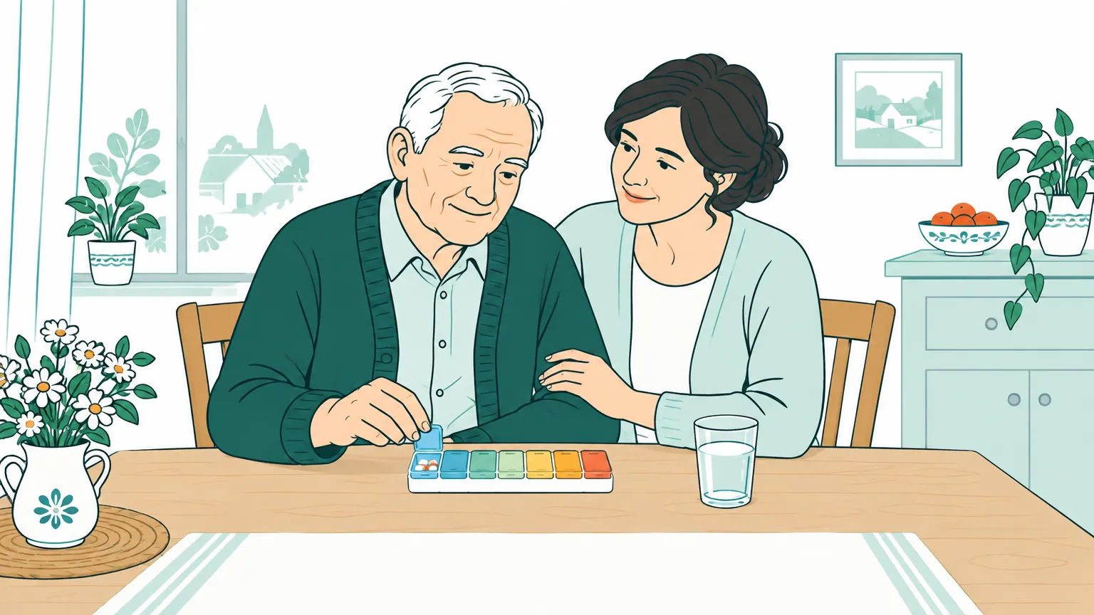 O ilustrație caldă în care o femeie și tatăl ei în vârstă pregătesc împreună un organizator săptămânal pentru pastile la masa din bucătărie.