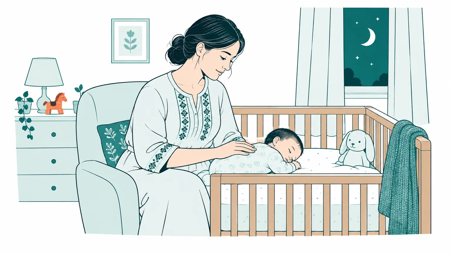 Ilustrație caldă cu o mamă care își veghează cu blândețe bebelușul aflat în pătuț, într-o cameră liniștită.