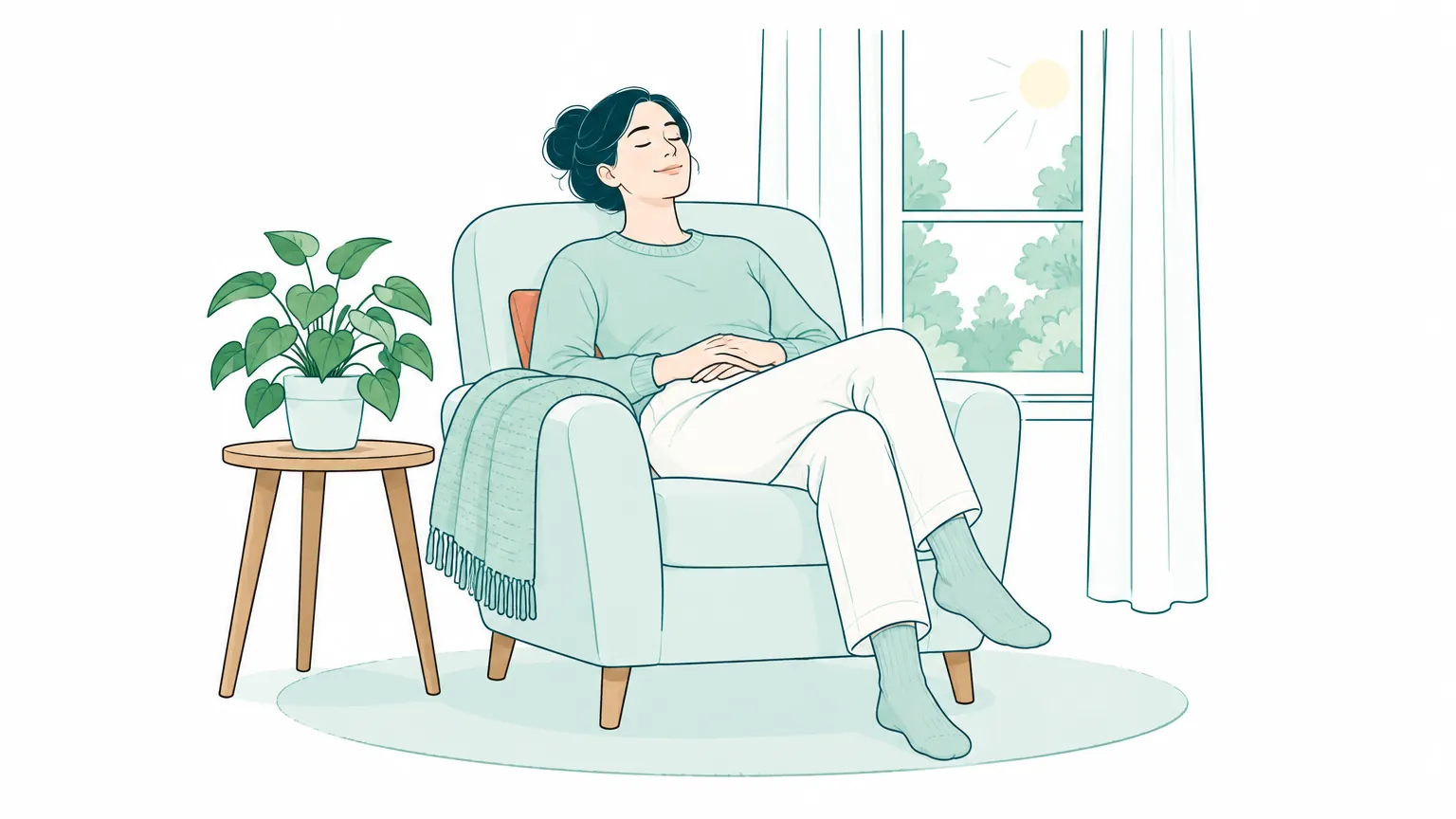 Ilustrație în culori calde cu o persoană care se relaxează liniștită într-un fotoliu confortabil lângă o fereastră luminoasă.
