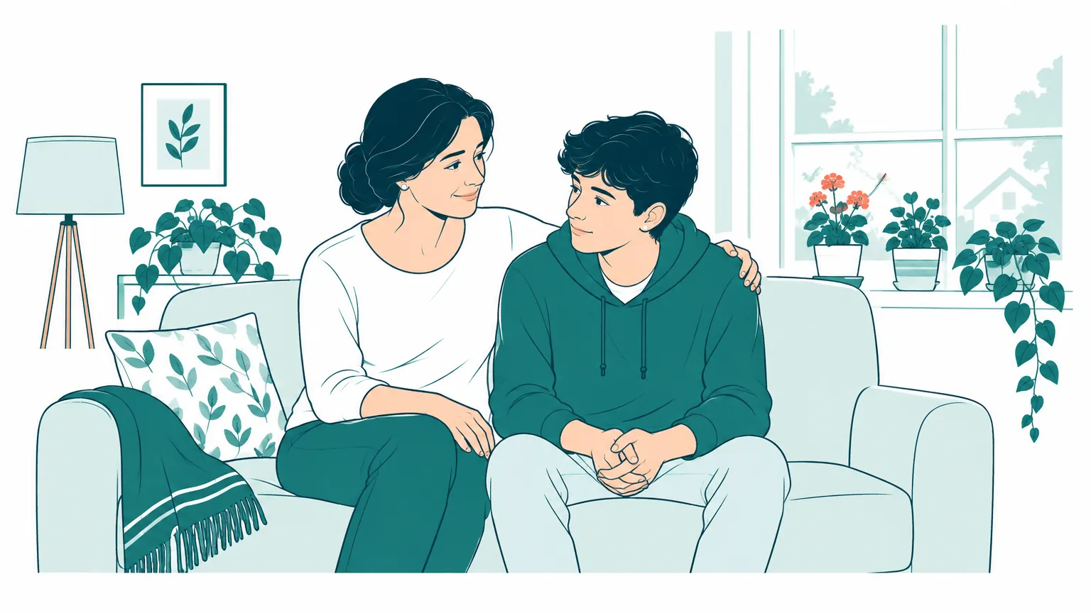 O ilustrație caldă cu o mamă și fiul ei adolescent așezați pe o canapea, împărtășind un moment liniștit de sprijin și ascultare.
