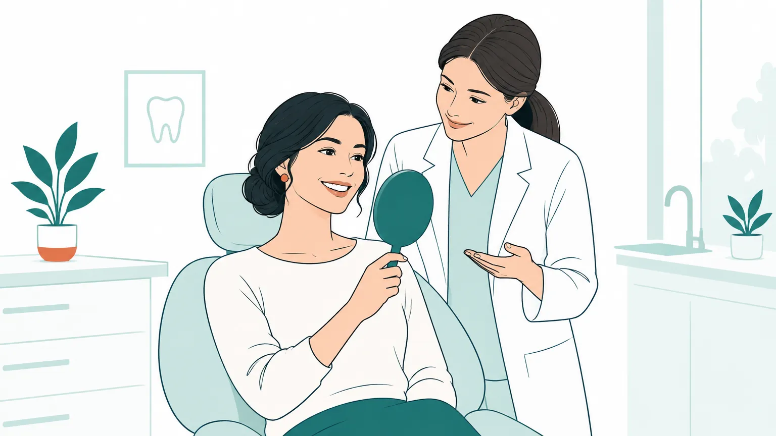 Ilustrație caldă cu o femeie adultă care își privește zâmbetul într-o oglindă de mână alături de un medic stomatolog prietenos.