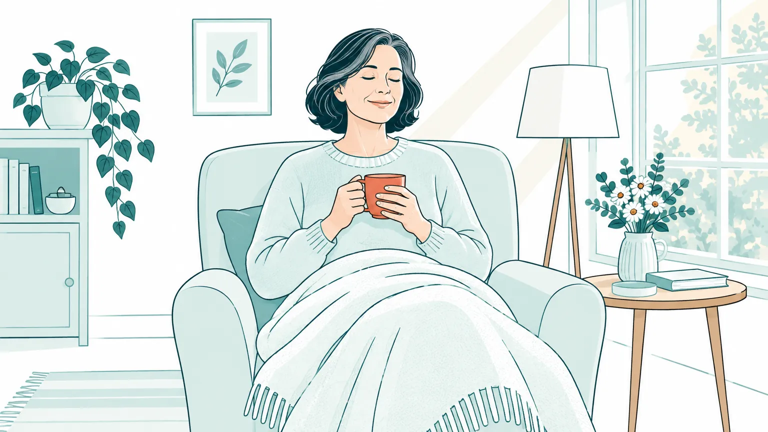 Ilustrație cu o femeie care se odihnește confortabil într-un fotoliu, ținând o cană caldă și având o pătură pe abdomen.
