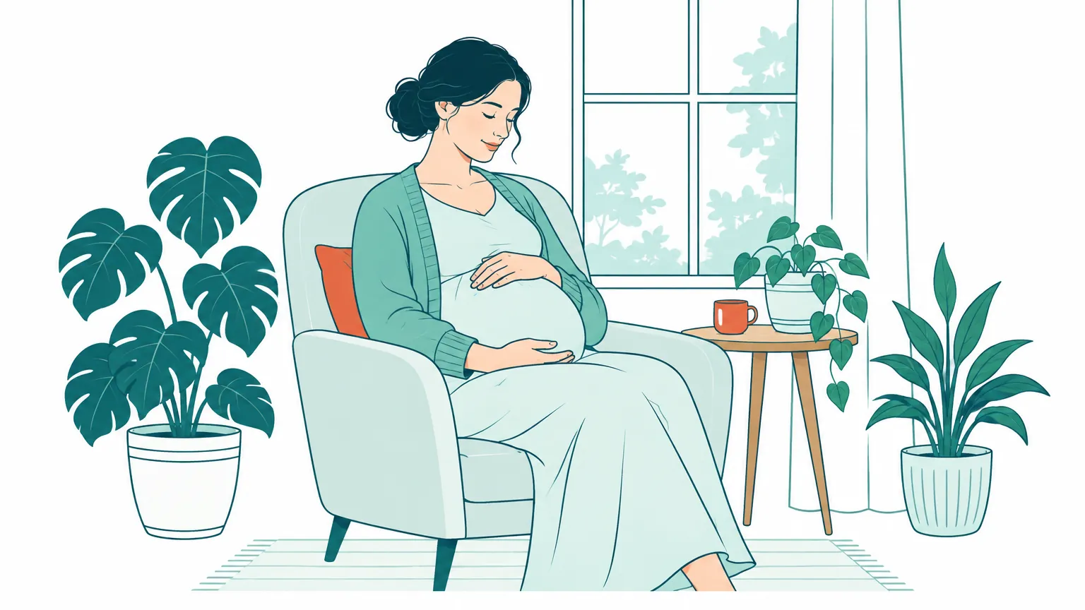 Ilustrație în tonuri calde cu o femeie așezată relaxată într-un fotoliu luminos, ținându-și mâinile cu blândețe pe abdomen.