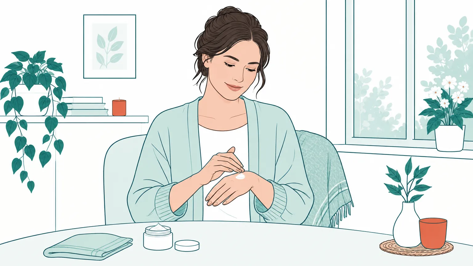Ilustrație în tonuri calde cu o femeie care își aplică o cremă hidratantă pe palme într-o cameră luminoasă.