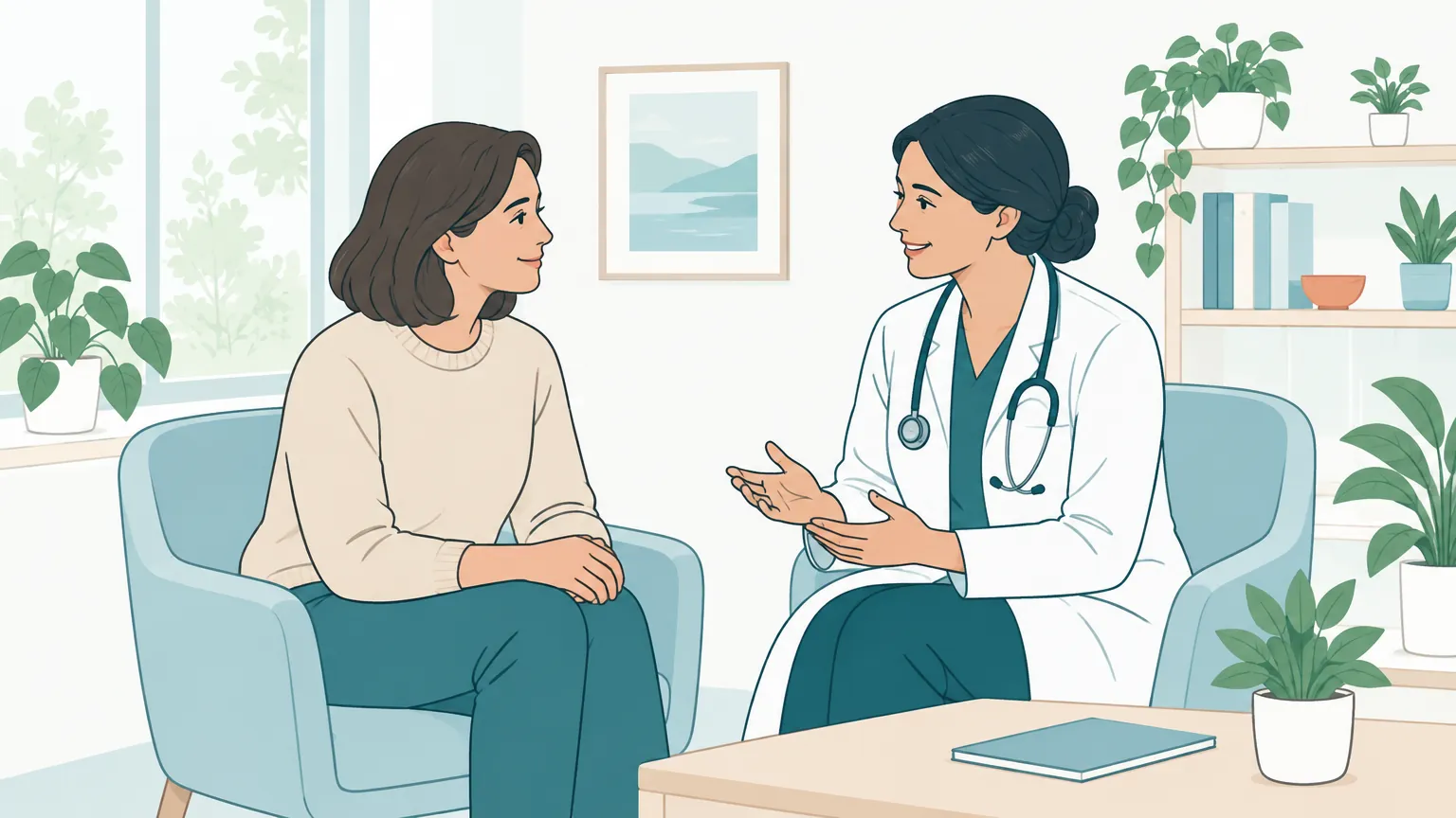 O ilustrație caldă cu un adult obișnuit discutând liniștit cu un medic într-un cabinet luminos.