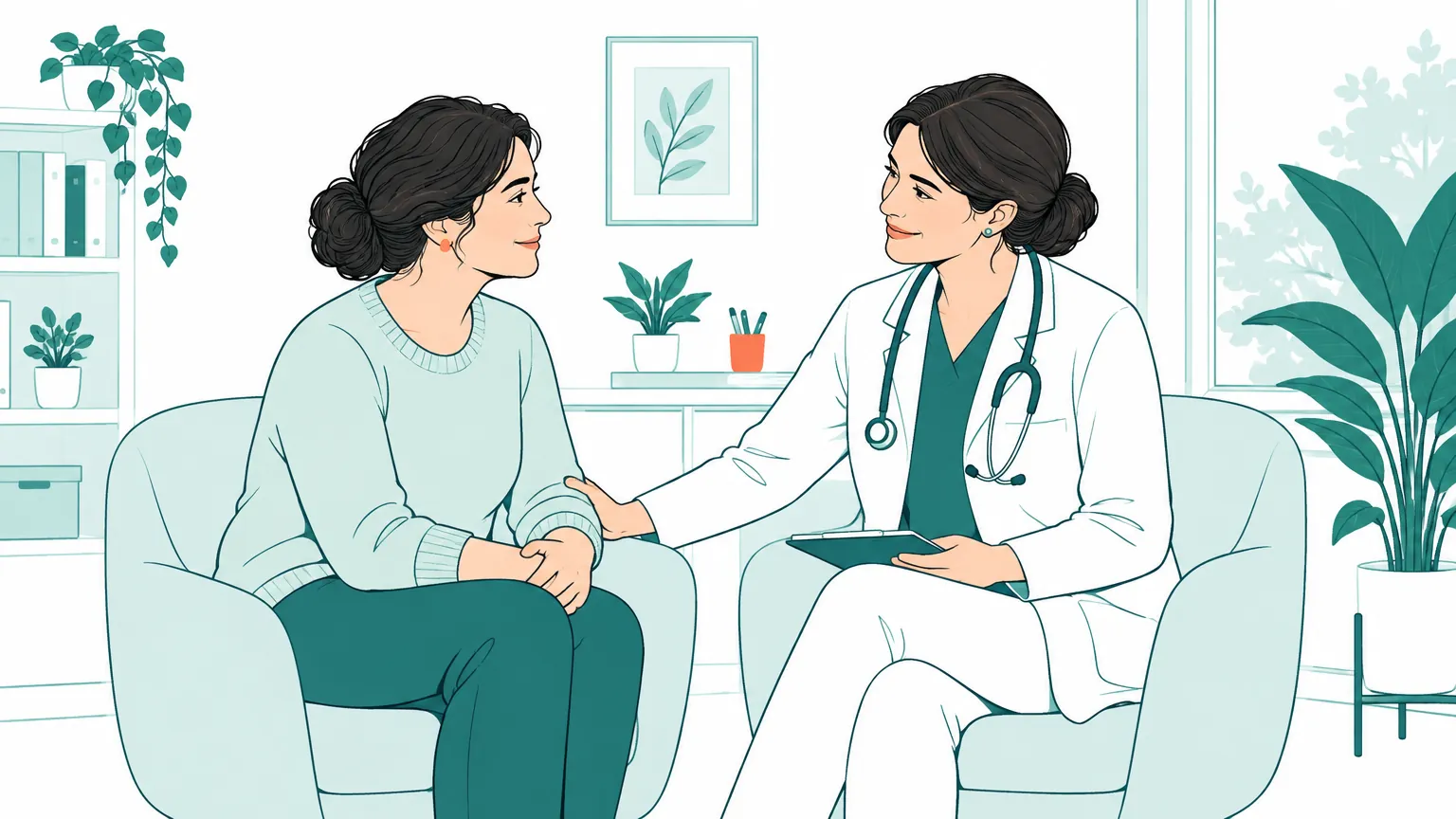 Ilustrație în tonuri calde cu o femeie care discută liniștită cu medicul într-un cabinet luminos.