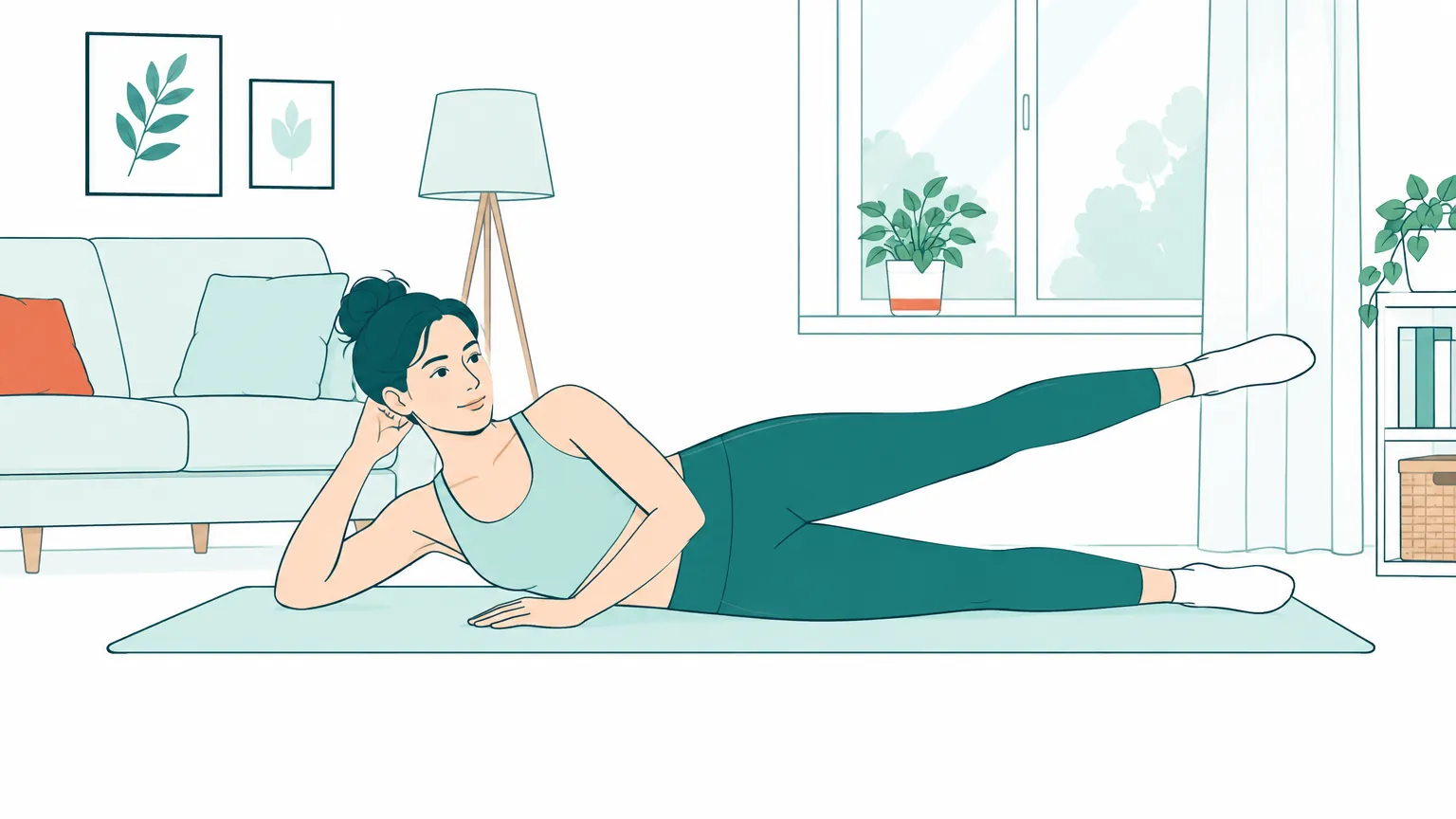Ilustrație cu o femeie care execută exerciții ușoare pentru picioare pe o saltea într-o cameră luminoasă.