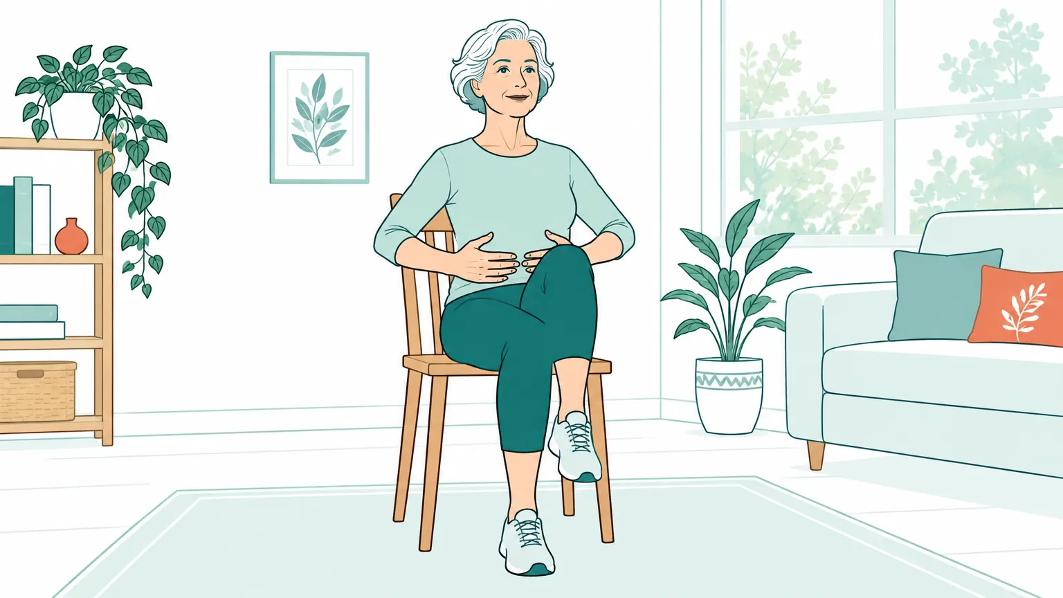 Ilustrație cu o femeie în vârstă care execută exerciții ușoare pentru trunchi stând așezată pe un scaun într-o cameră luminoasă.