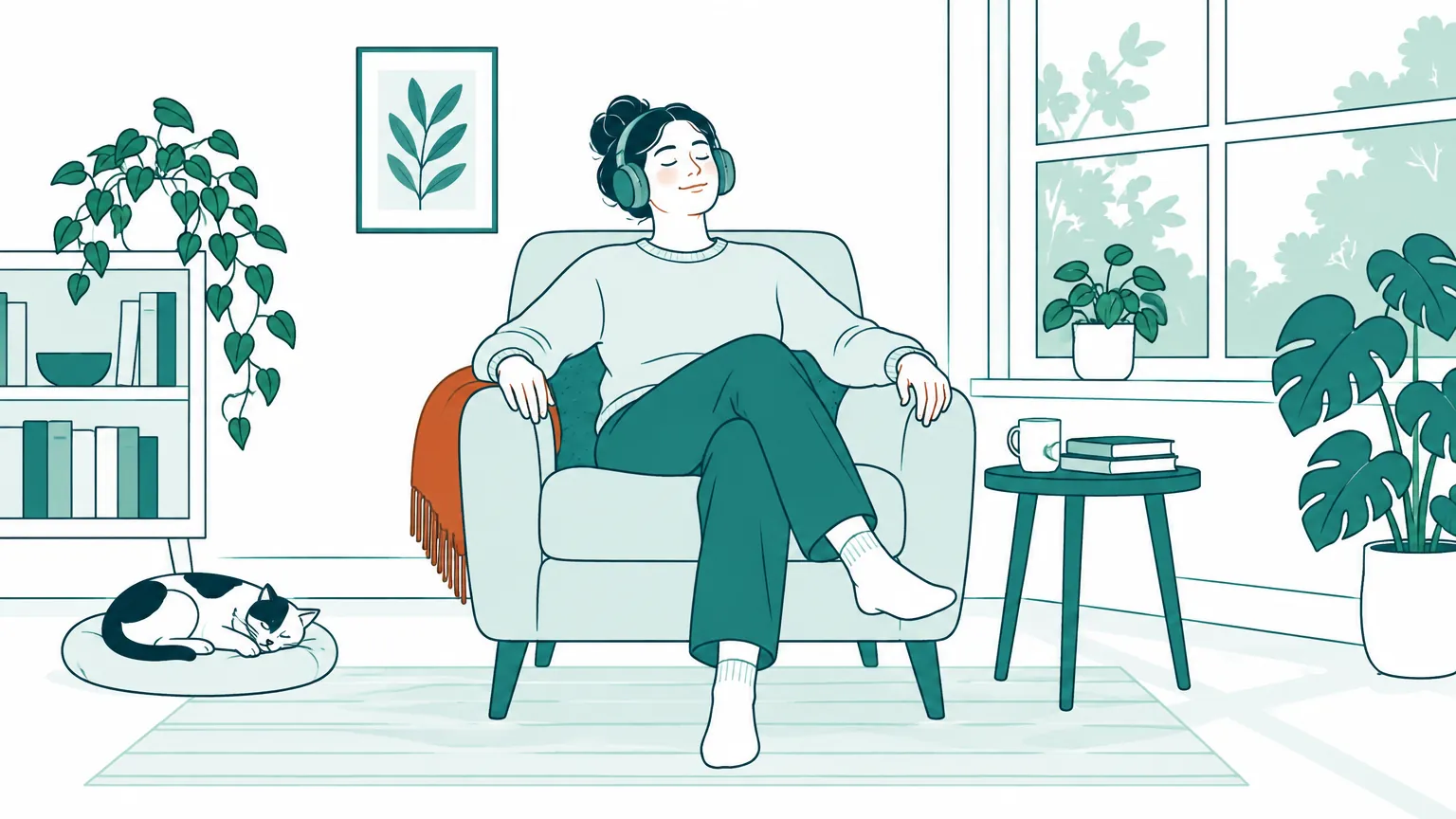 Ilustrație cu o persoană așezată relaxată într-un fotoliu, purtând căști pentru reducerea zgomotului într-o cameră liniștită.