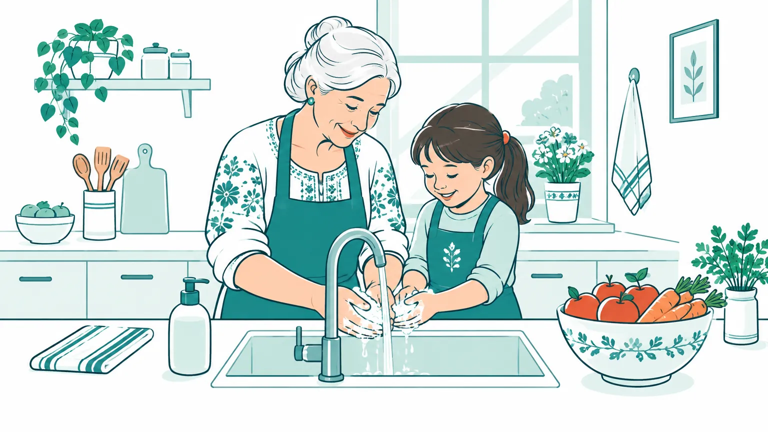 O ilustrație caldă în care o bunică și nepotul ei se spală pe mâini cu apă și săpun la chiuvetă.