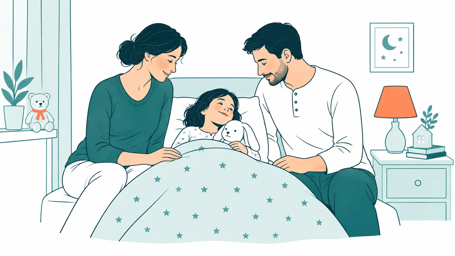 Ilustrație caldă cu o familie care petrece momente liniștite împreună într-un dormitor înainte de culcare.