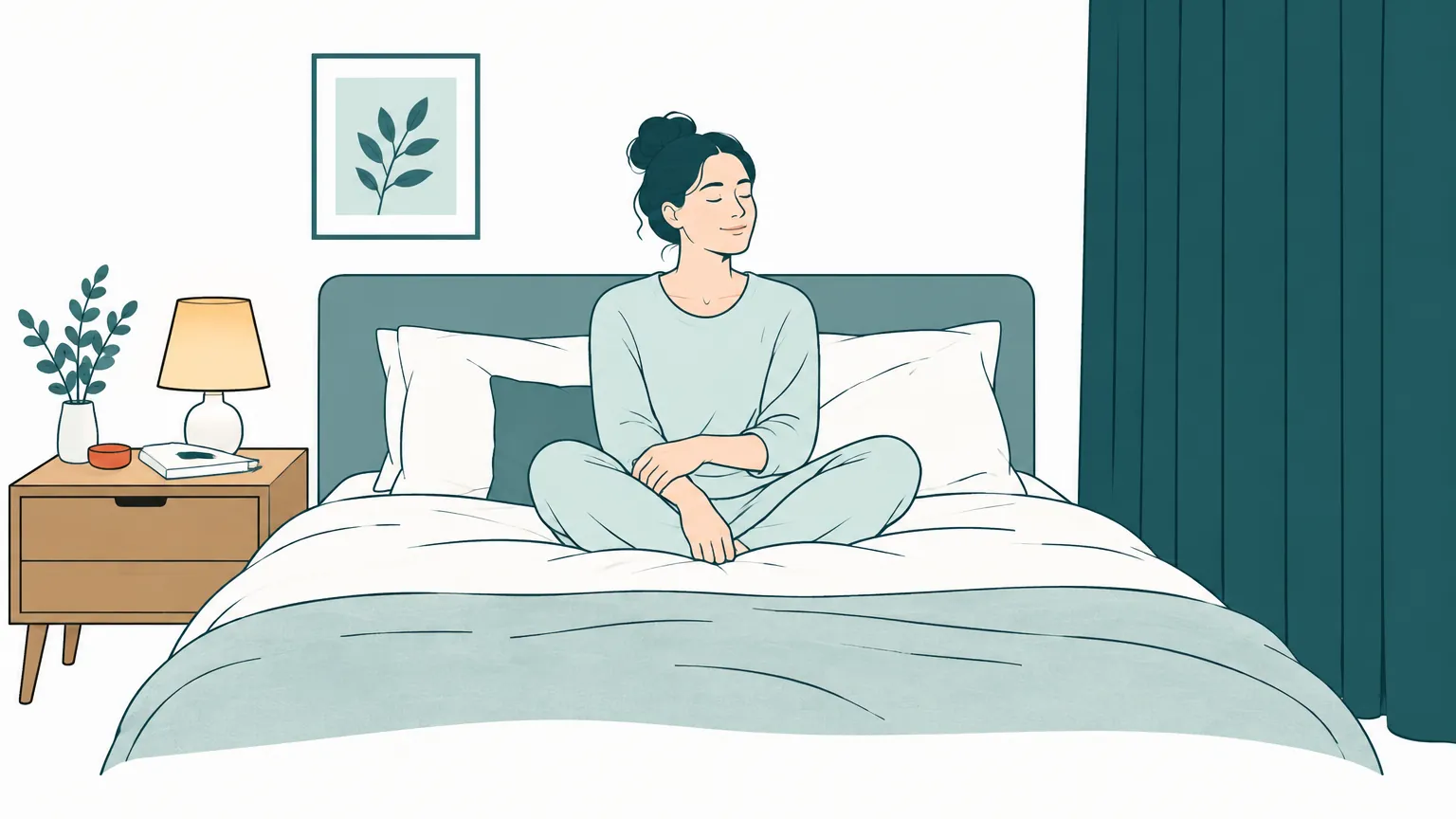 Ilustrație caldă cu o persoană relaxându-se liniștită într-un dormitor confortabil și întunecat, pregătindu-se pentru culcare.