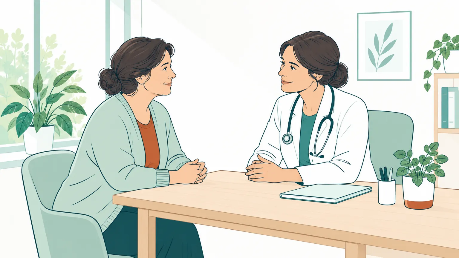 Ilustrație în tonuri calde în care o femeie discută liniștită cu medicul oncolog într-un cabinet luminos.