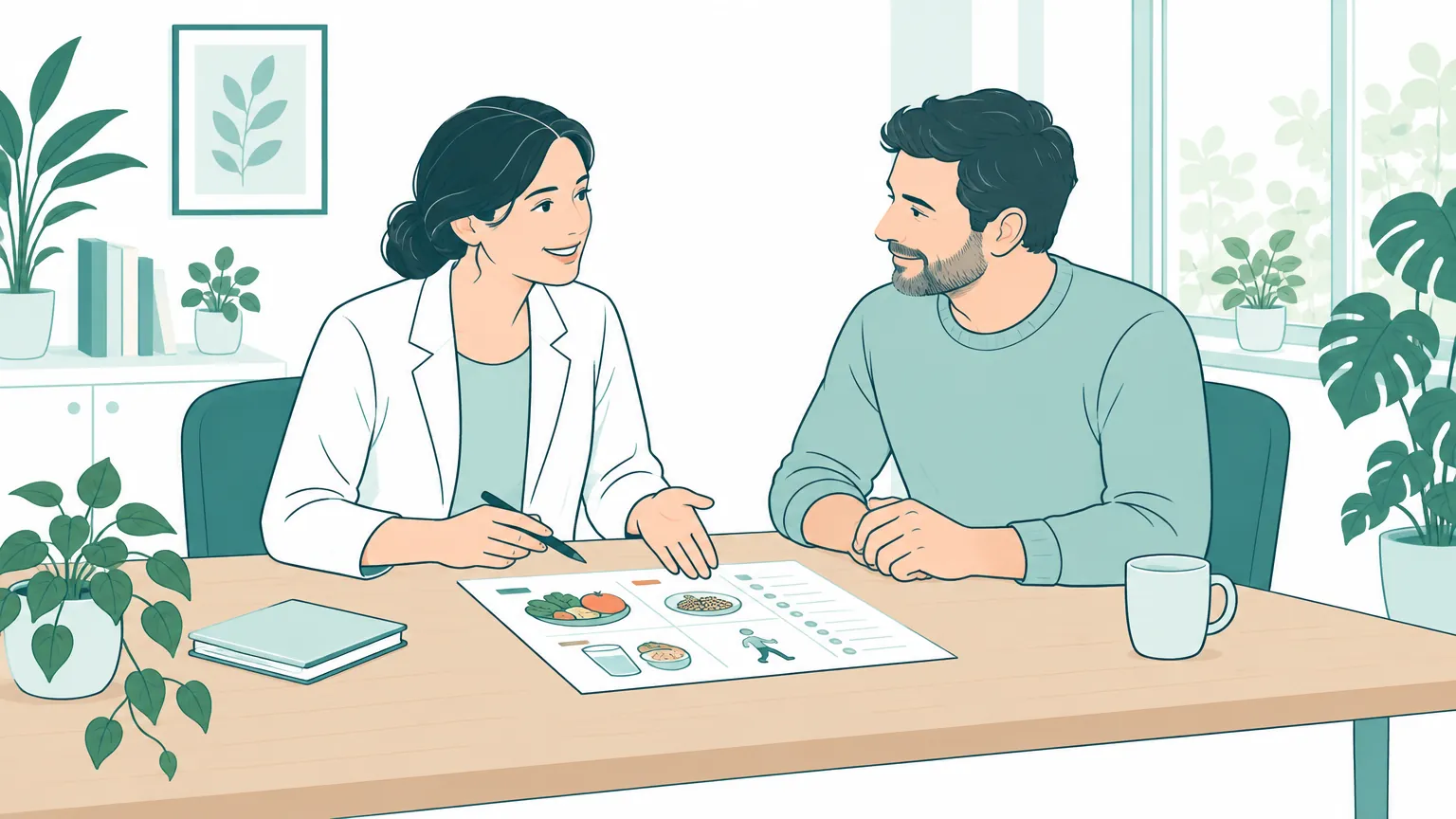 Ilustrație caldă cu un medic și un pacient discutând relaxat la birou despre un plan de sănătate personalizat.