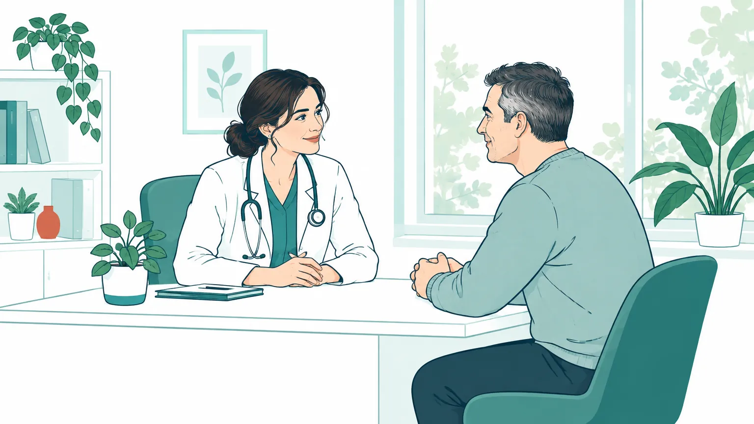 Ilustrație în tonuri calde înfățișând un medic care discută cu empatie cu un pacient într-un cabinet luminos.