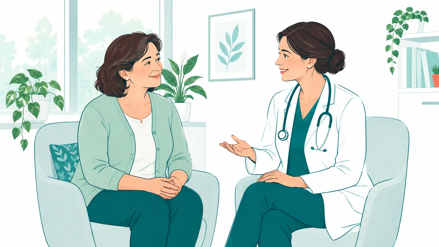 Ilustrație în tonuri calde cu o femeie care discută liniștită cu medicul ei într-un cabinet luminos.
