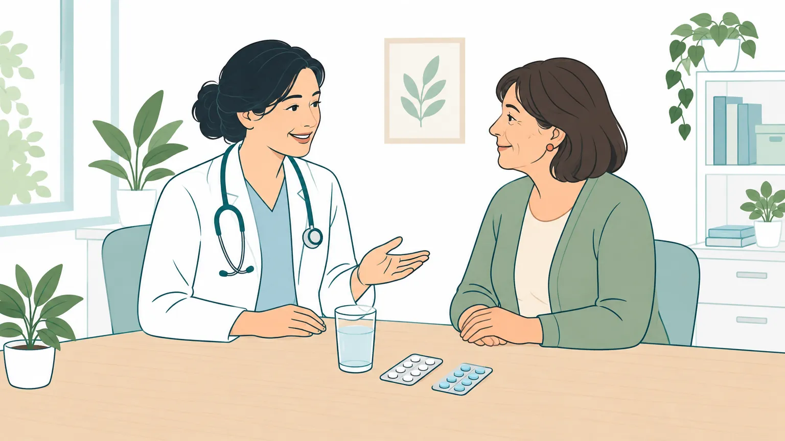 Ilustrație cu o femeie care cere sfatul unui medic zâmbitor într-un cabinet luminos, având pe birou un pahar cu apă și medicamente.