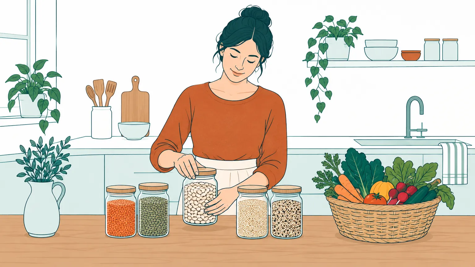 Ilustrație cu o femeie în bucătărie pregătind ingrediente accesibile precum leguminoase uscate și legume de sezon.