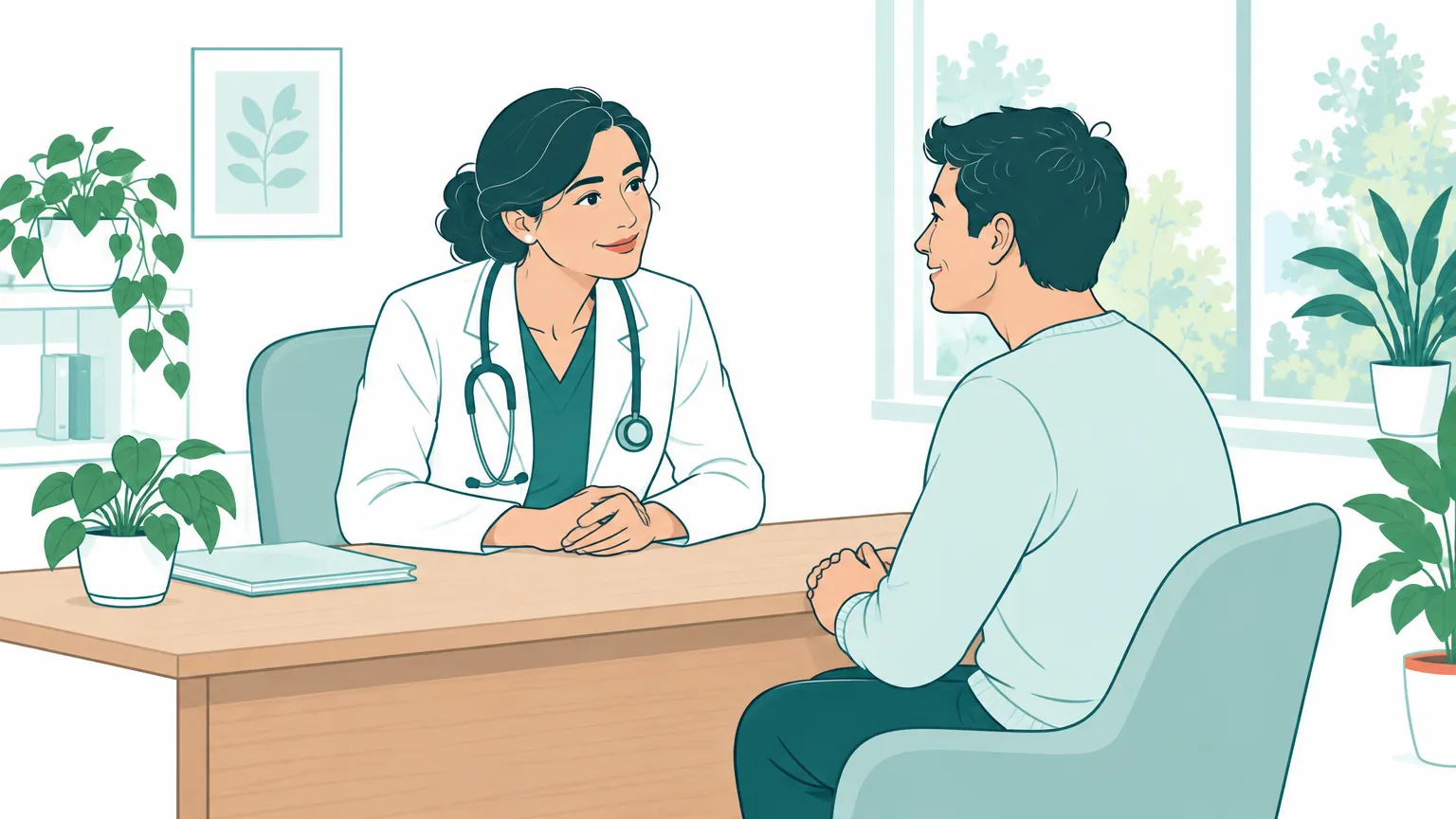 Ilustrație în tonuri calde cu un medic și un pacient matur discutând deschis într-un cabinet luminos.