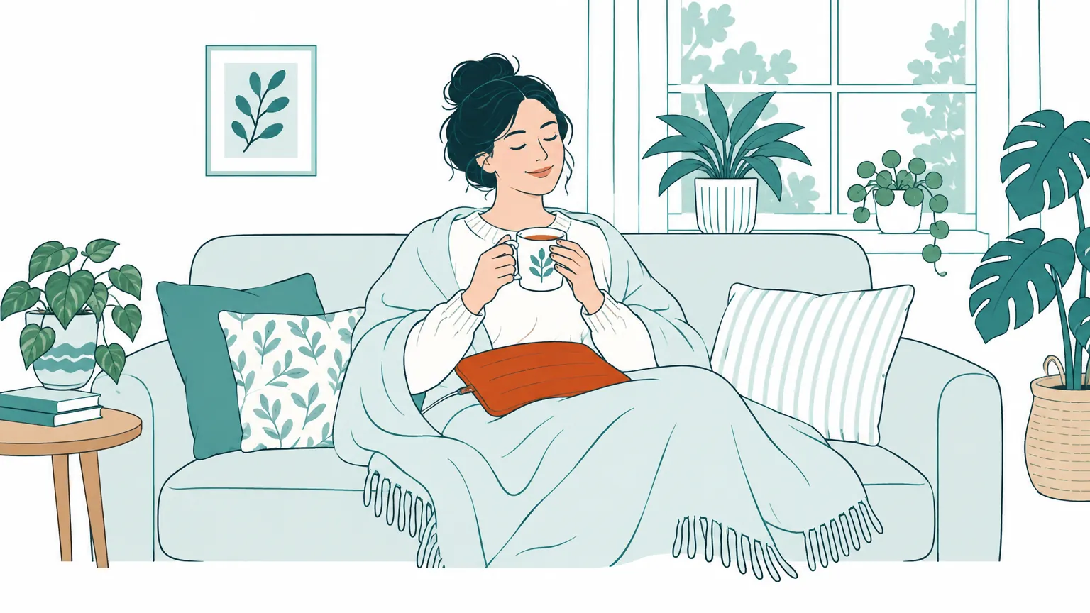 Ilustrație cu o femeie care se odihnește liniștită pe o canapea, înfășurată într-o pătură și ținând o cană caldă.