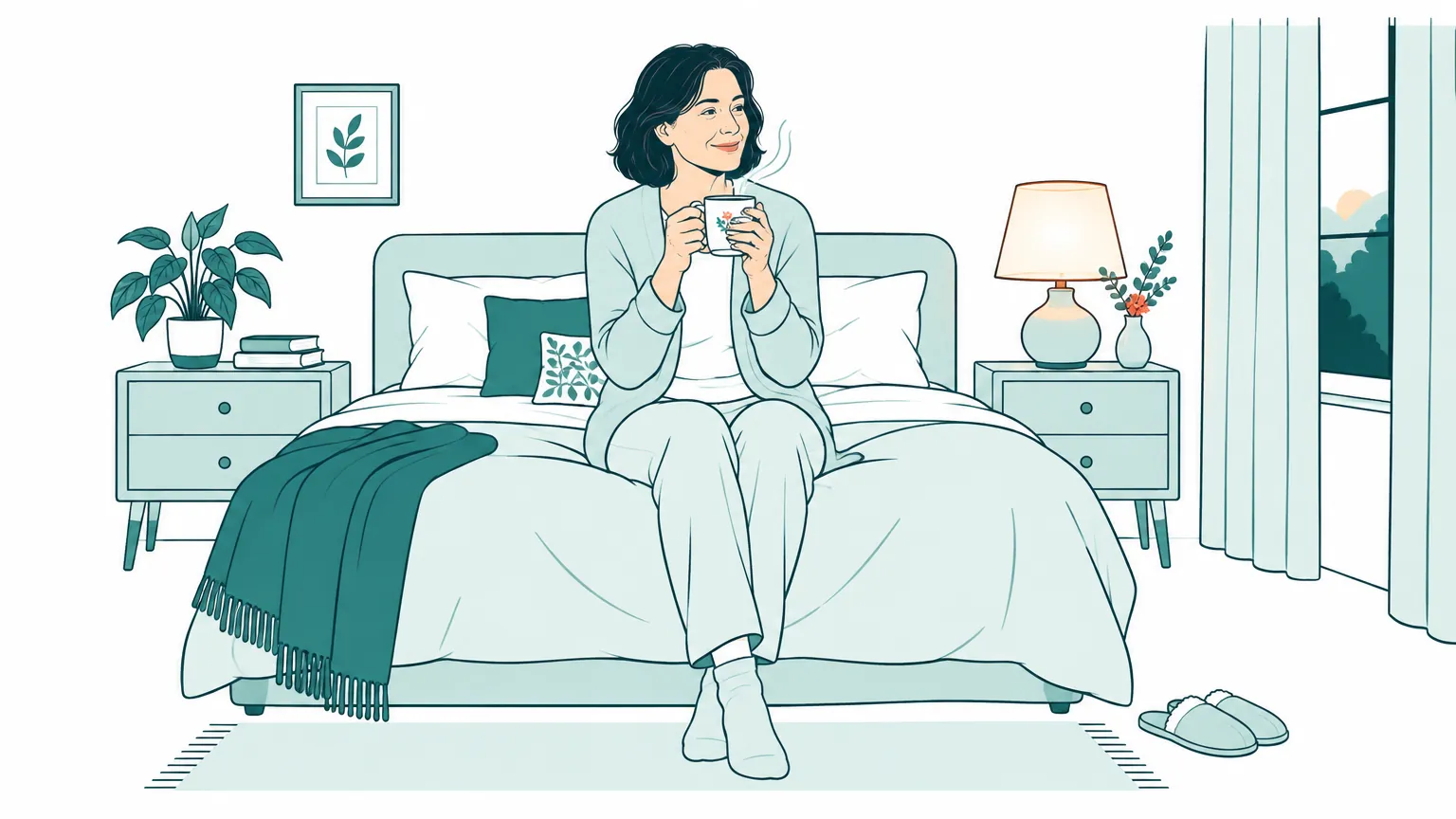 Ilustrație în tonuri calde cu o femeie așezată relaxată pe marginea patului, ținând o cană caldă într-un dormitor primitor.