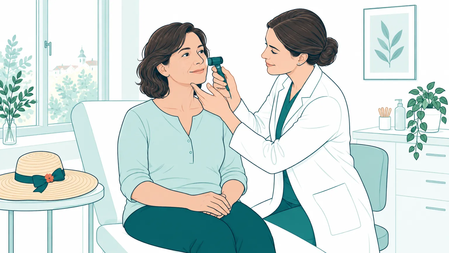 Ilustrație în tonuri calde cu o femeie aflată la un consult dermatologic de rutină pentru verificarea sănătății pielii.
