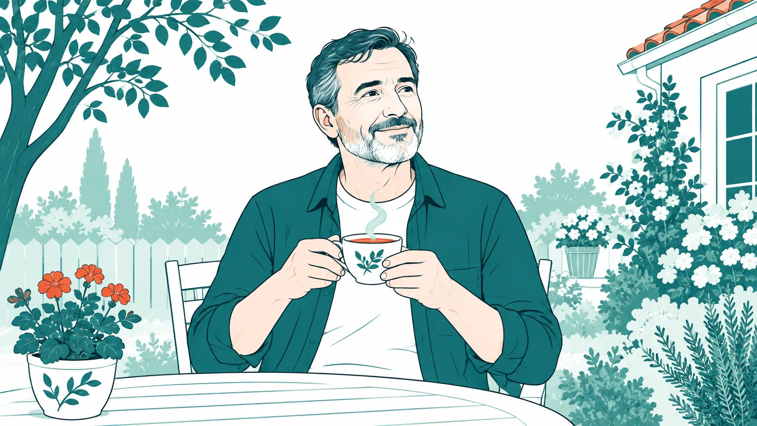 Ilustrație caldă cu un bărbat matur care se relaxează liniștit într-o grădină însorită cu o cană de ceai.