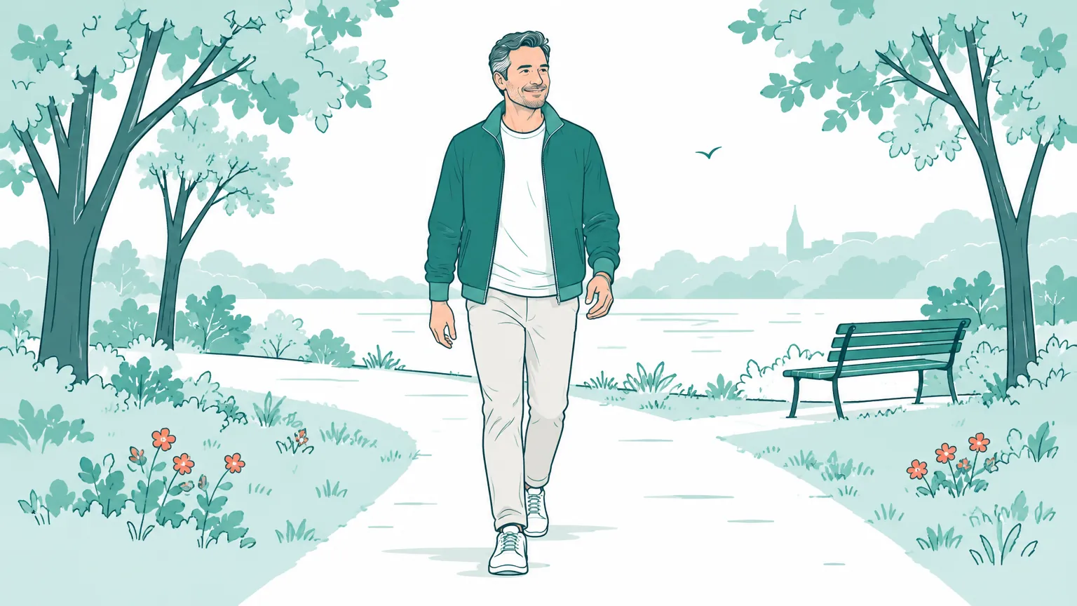 O ilustrație caldă cu un bărbat de vârstă mijlocie care se plimbă relaxat pe o alee dintr-un parc însorit.