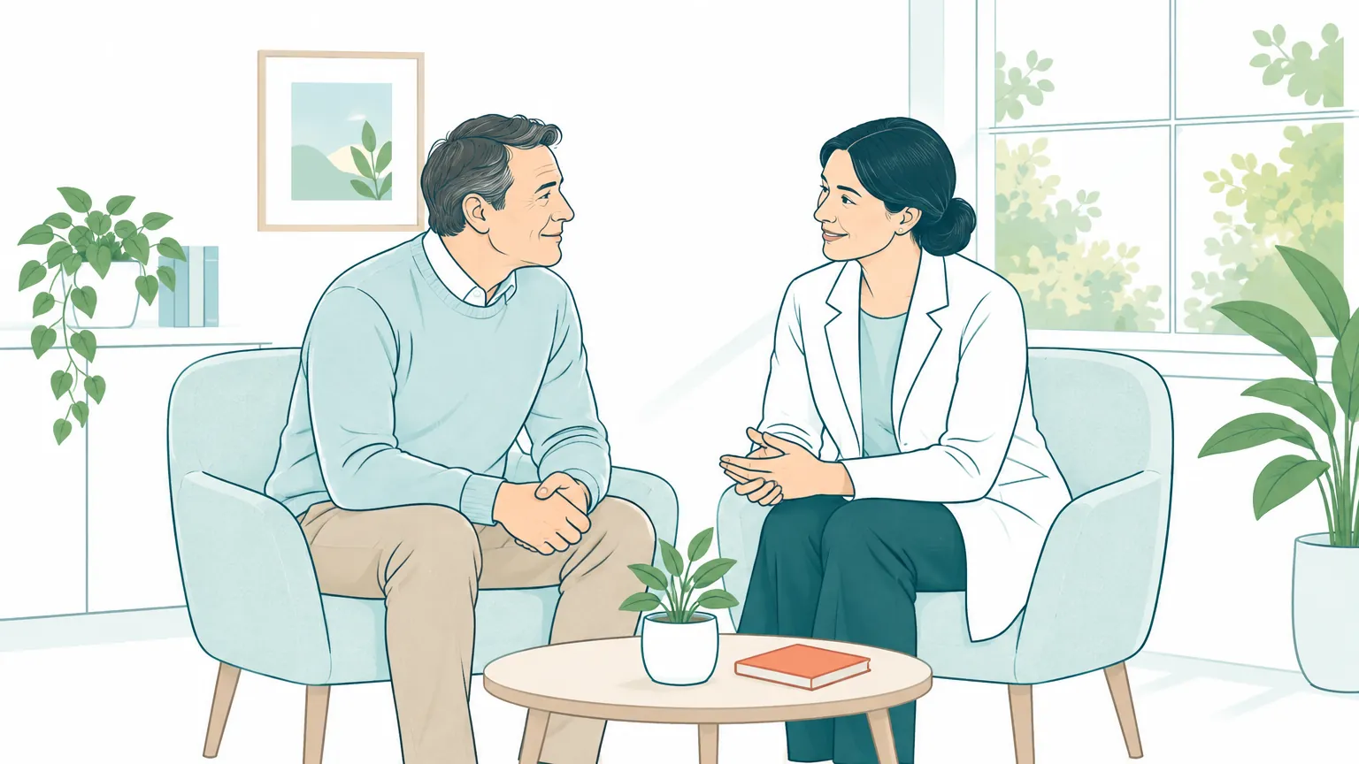 Ilustrație cu un bărbat matur care discută liniștit cu un medic într-un cabinet luminos și primitor.