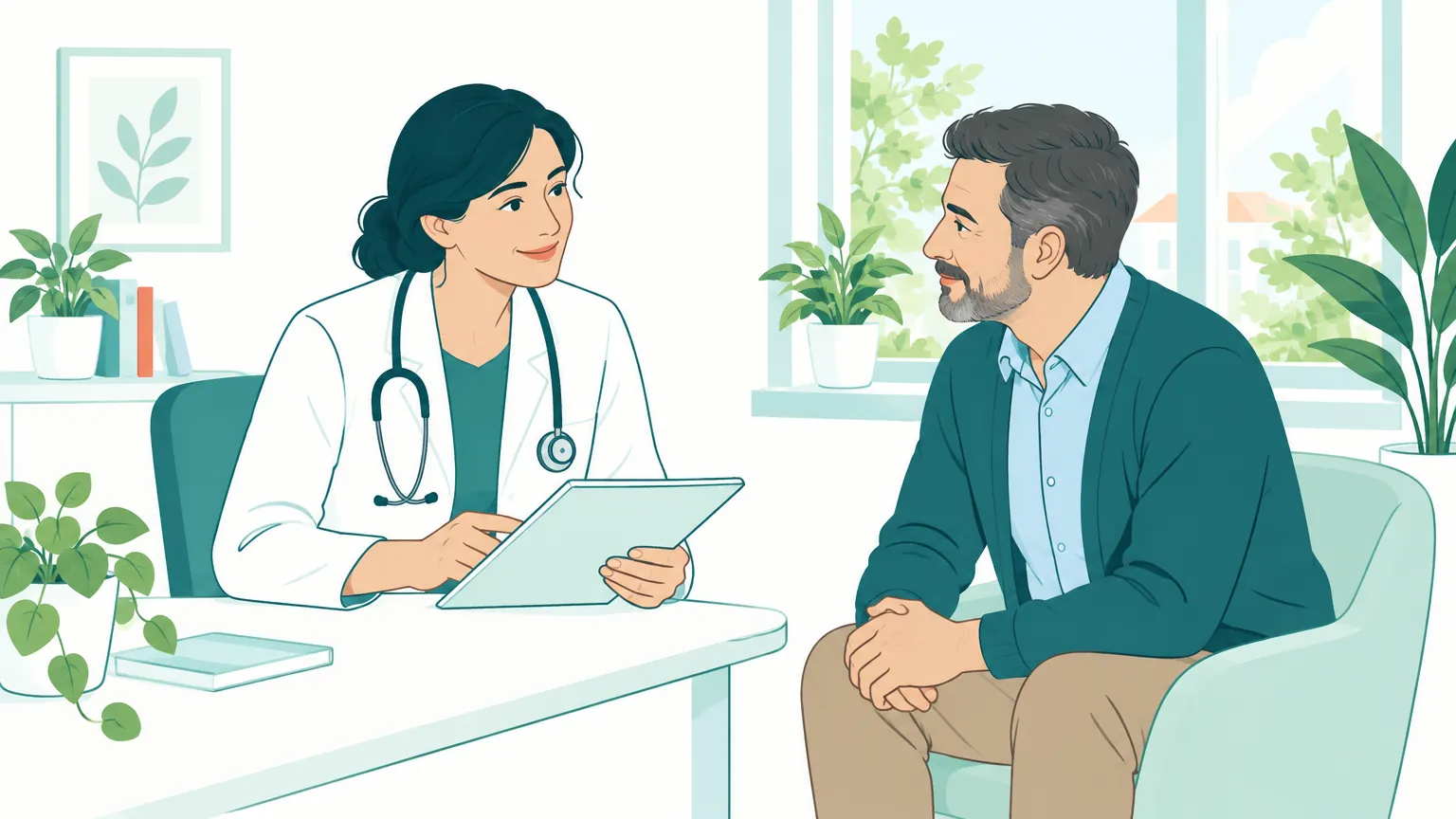 Ilustrație în stil cald cu un medic și un pacient matur discutând liniștiți într-un cabinet medical luminos.