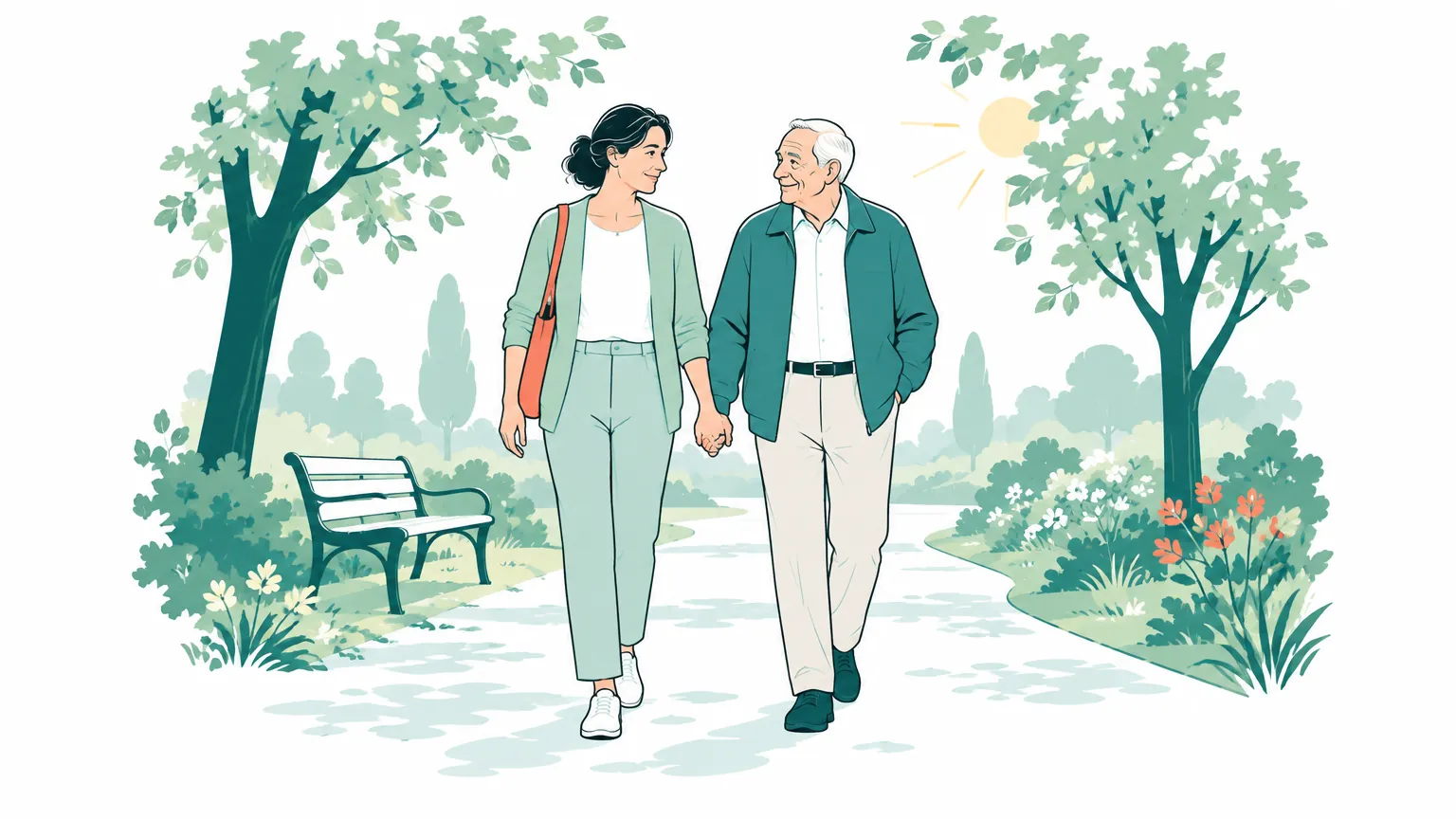 Ilustrație caldă reprezentând o femeie care se plimbă liniștită alături de tatăl ei în vârstă pe o alee însorită dintr-un parc.