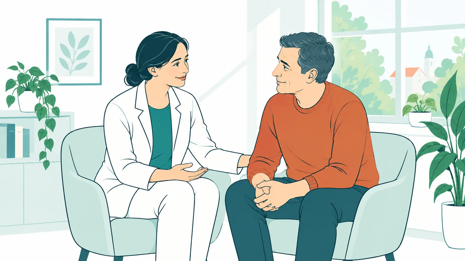 O ilustrație în culori calde cu un medic care discută liniștit cu un pacient într-un cabinet luminos.
