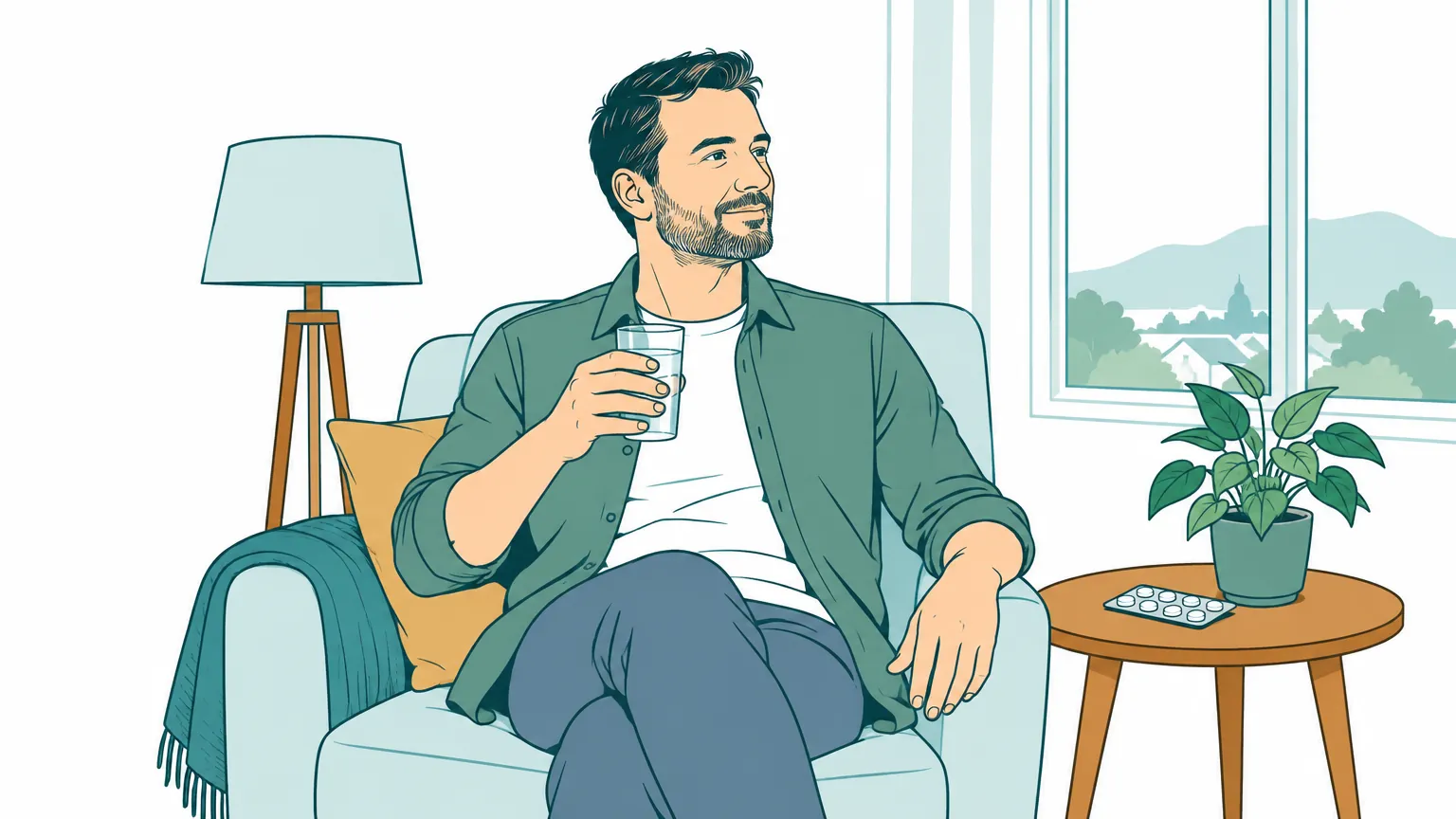 Ilustrație calmă în nuanțe calde cu un bărbat așezat lângă o fereastră luminoasă, având alături un pahar cu apă și un blister cu medicamente, simbolizând echilibrul și recuperarea în TOC.