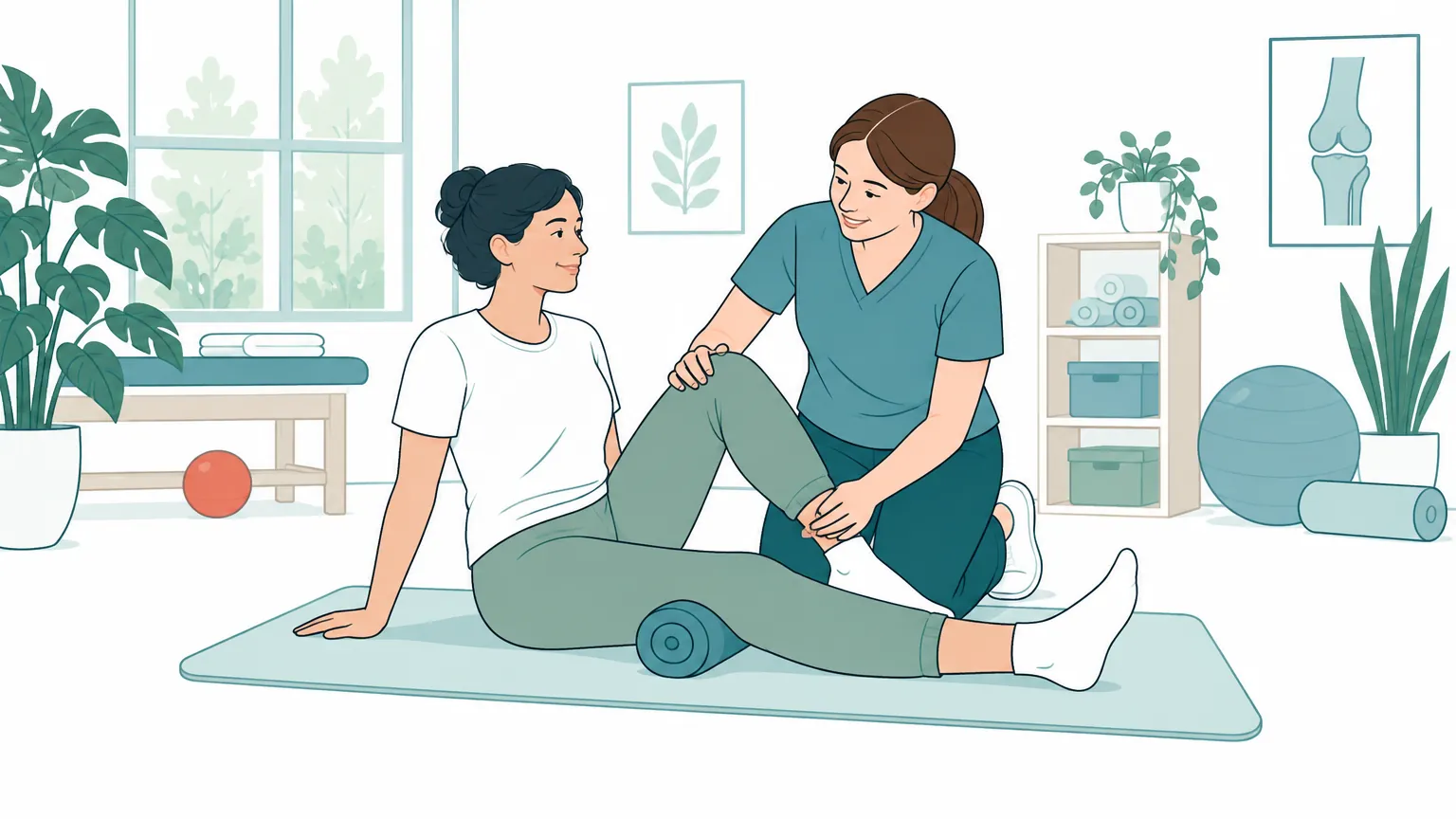 Ilustrație cu o persoană care face exerciții ușoare de recuperare pentru genunchi alături de un kinetoterapeut într-o sală luminoasă.