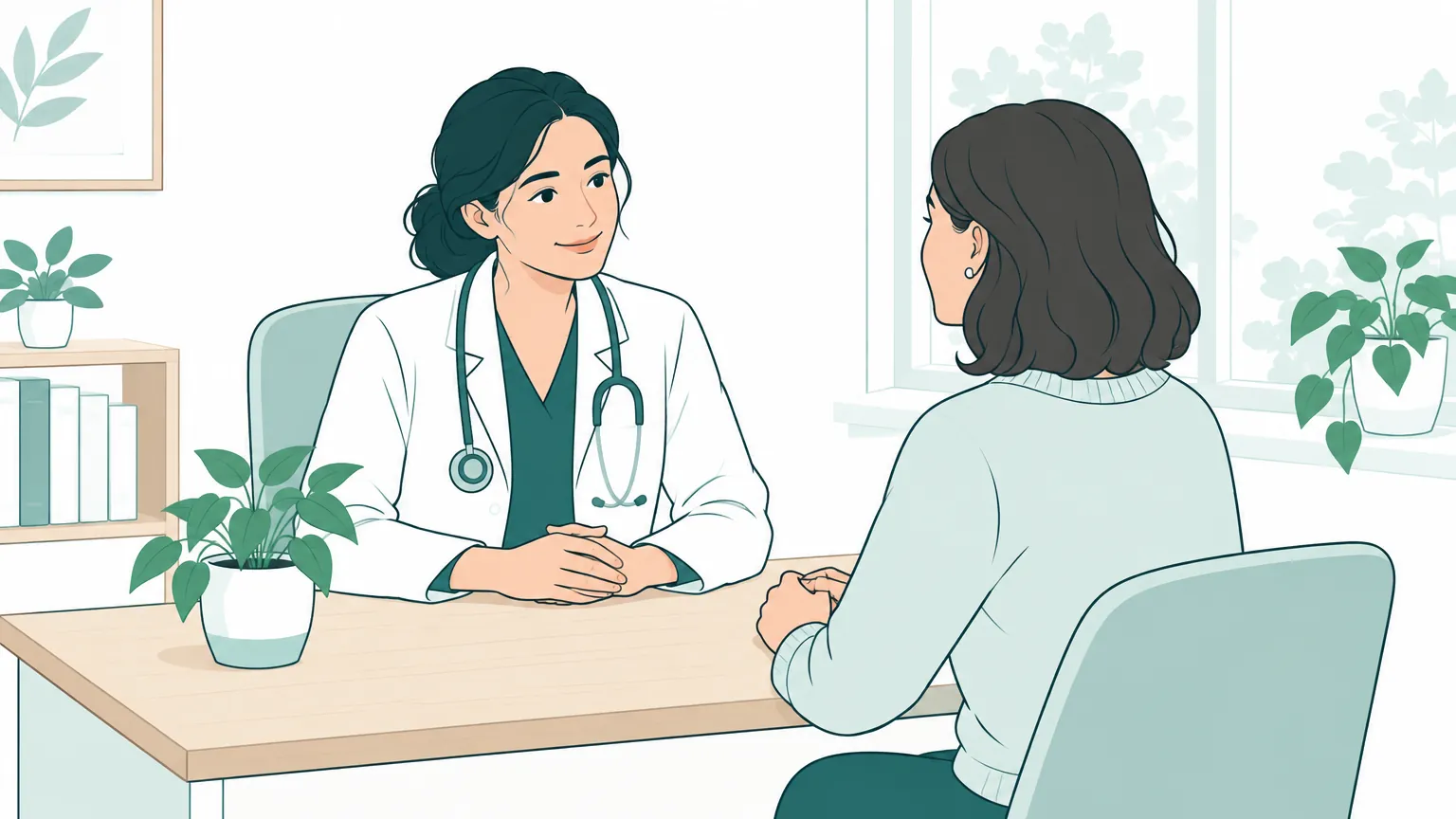 Ilustrație caldă în culori pastelate ce înfățișează o femeie discutând liniștită cu medicul într-un cabinet luminos.