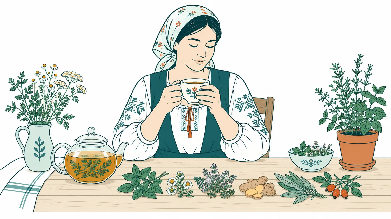 Ilustrație în tonuri calde cu o femeie care ține o cană cu ceai lângă plante medicinale așezate pe o masă.