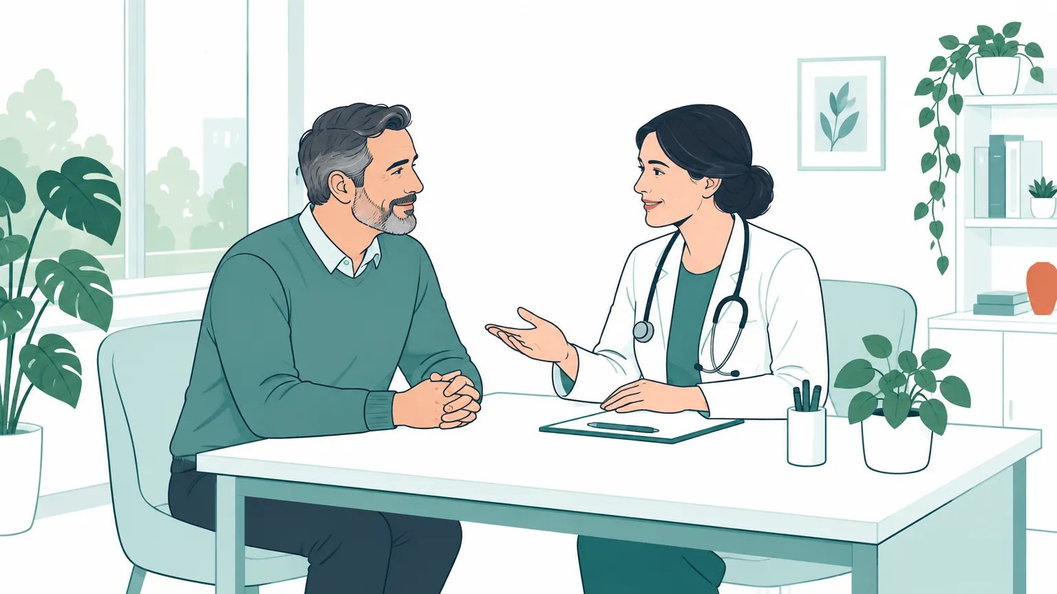Ilustrație caldă în care un bărbat discută liniștit cu un medic într-un cabinet medical primitor.