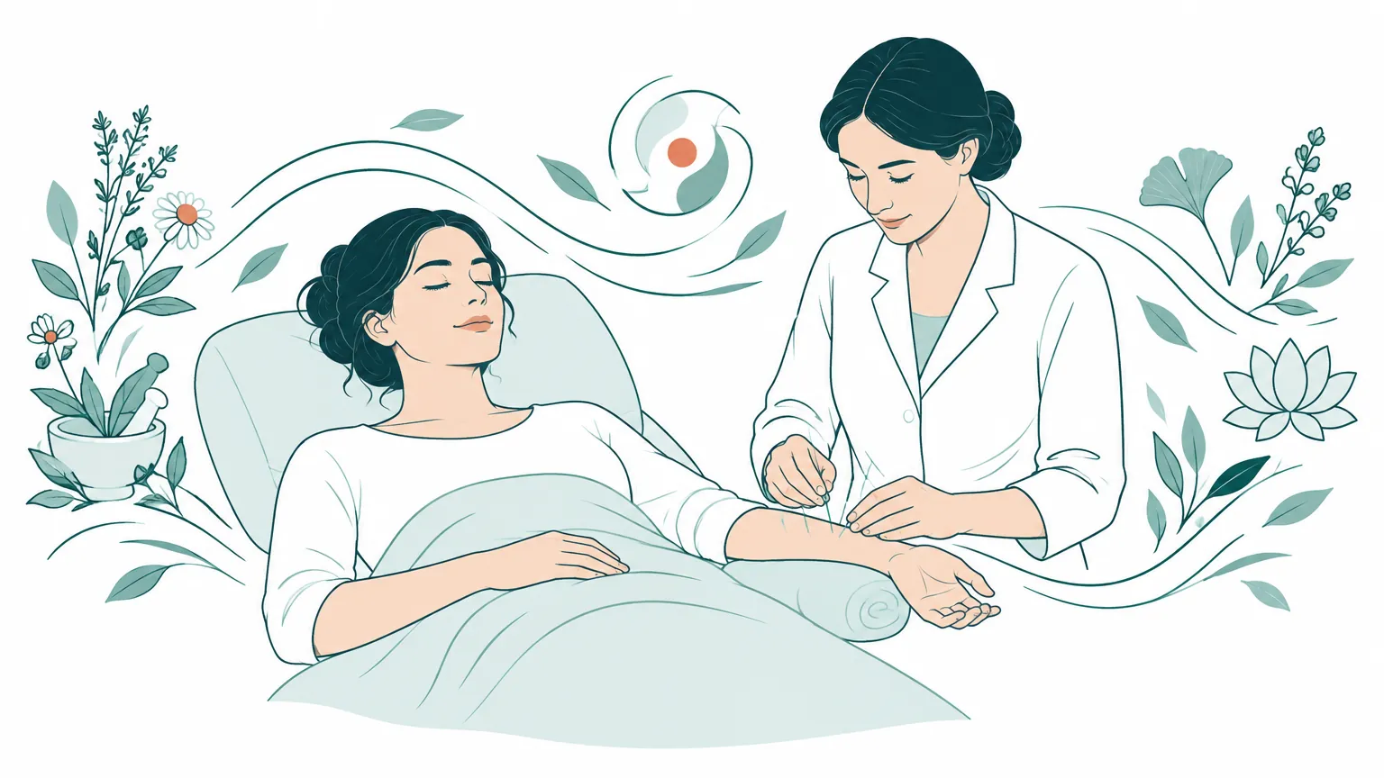 Ilustrație în culori calde cu o femeie care se relaxează în timpul unei ședințe liniștitoare de acupunctură.