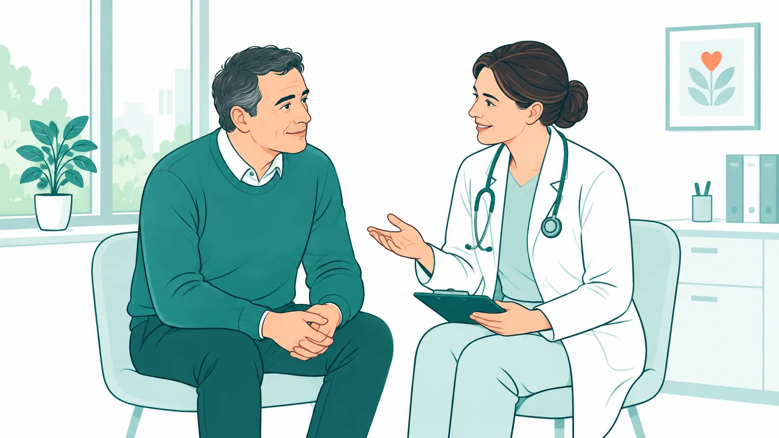 Ilustrație cu un bărbat matur care discută relaxat cu medicul său într-un cabinet luminos.